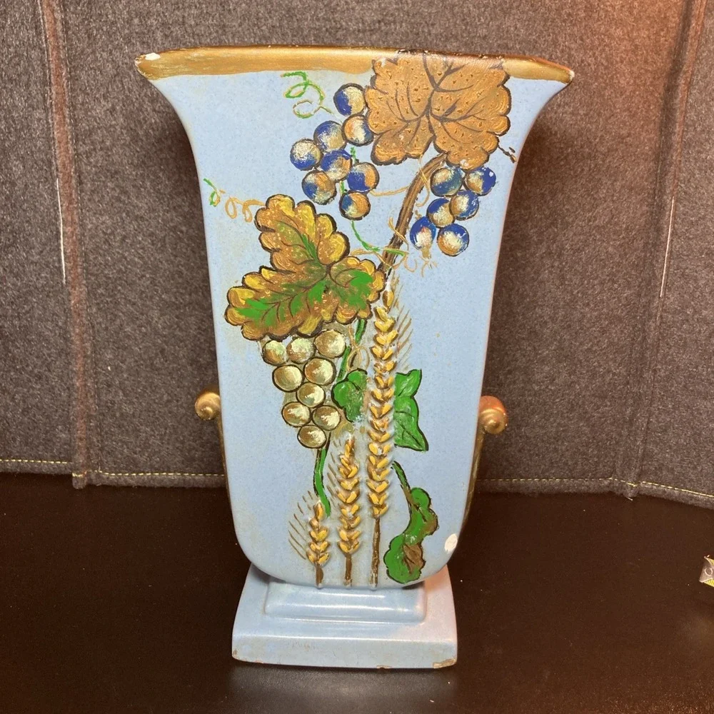 Vintage 1950 Hand Painted Blue Pottery Vase Floral Wheat Motif Mid Century Decor